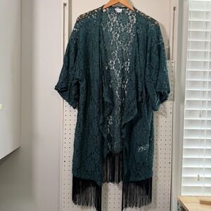 LuLaRoe Monroe Duster Cardigan Women's Green Lace Fringe Trim Kimono Top - Large